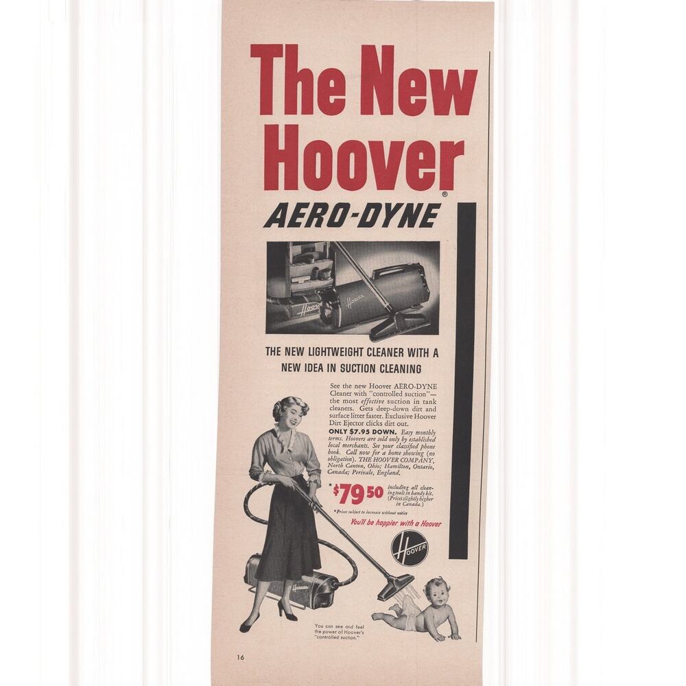 Hoover Aero Dyne Vacuum Cleaner Advertisement 1950s Vintage Home Appliance Baby